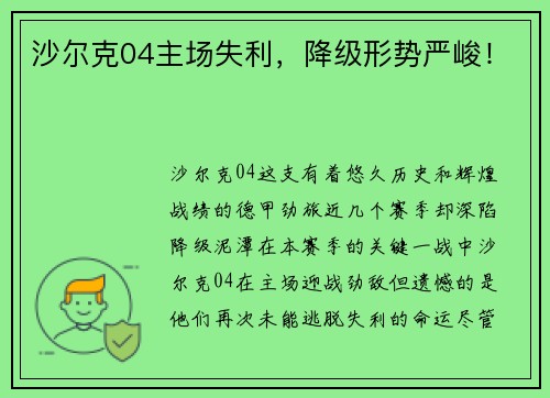 沙尔克04主场失利，降级形势严峻！